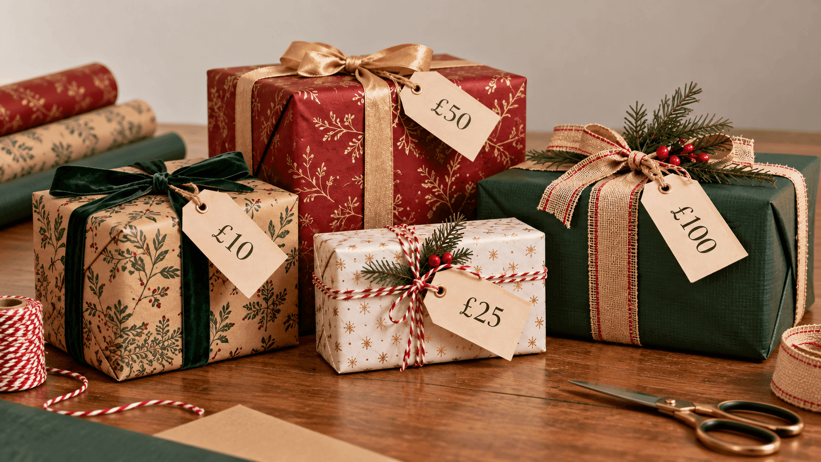 Wrapped Christmas presents with £10, £25, £50 and £100 price tags on a gift-wrapping table